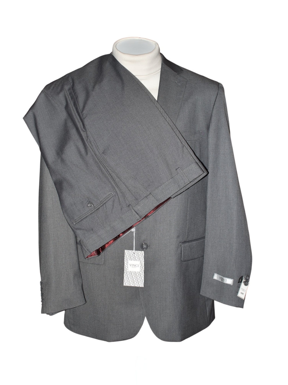 VINCI Men's 2pc Men's Gray Suit Jacket - 42R Pant 36x34 Unhemmed